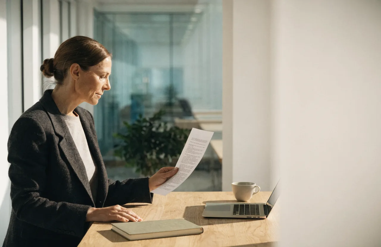 A business owner reviewing an operational report in a calm modern workspace.