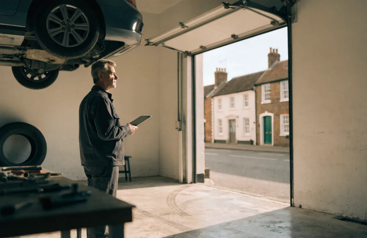 An independent British garage with a car on the lift and the bay door open to the street.