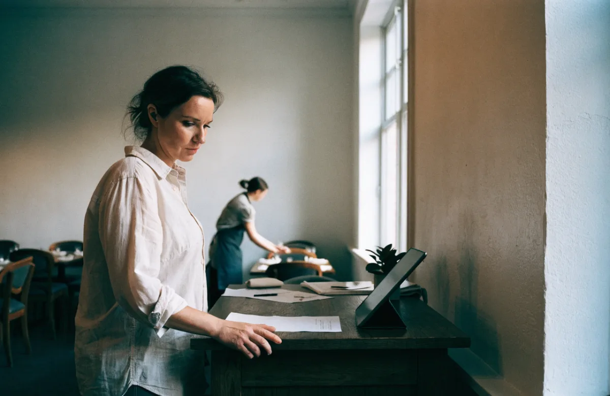 A restaurant owner checking the evening covers at the host counter before service.