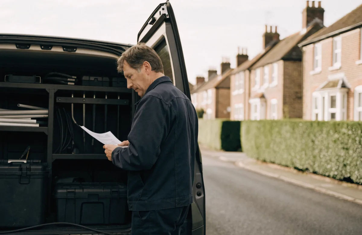 A tradesperson checking a job sheet at the back of a work van on a residential street.